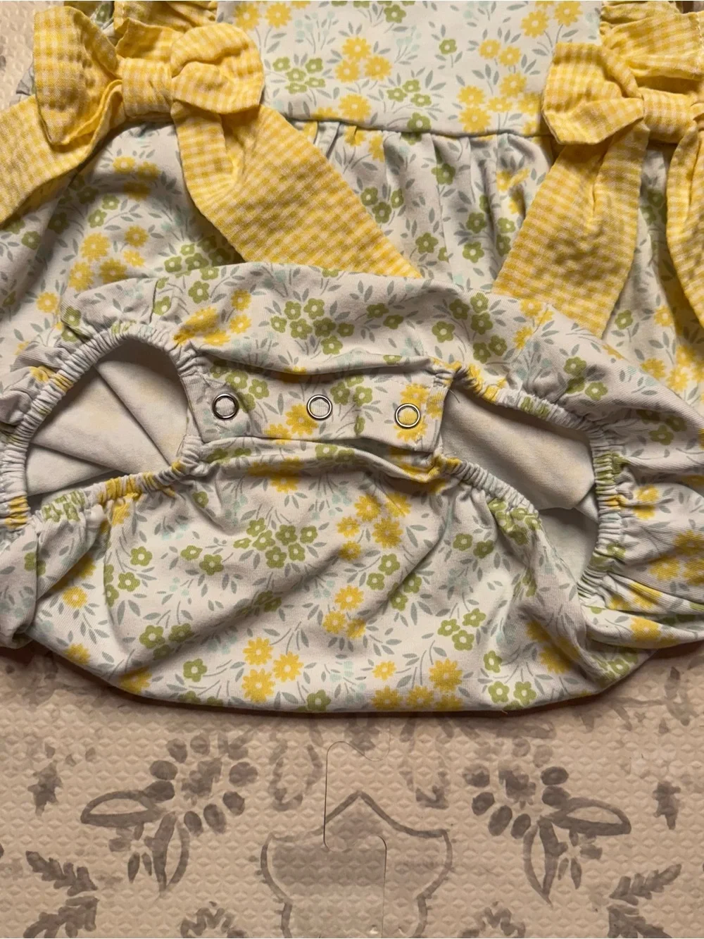 Stitchy Fish Yellow Floral Baby Romper with Gingham Bows